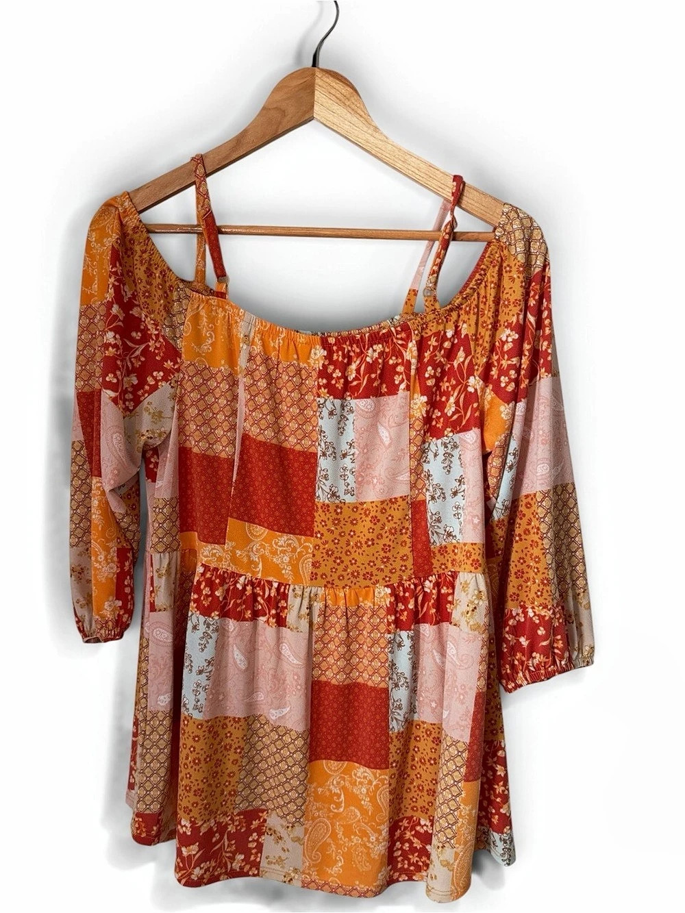 Cato Patchwork Geometric Blouse in Orange & Red Large harvest girl boho